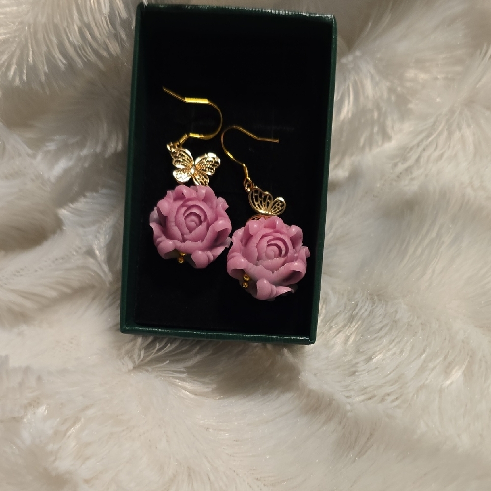 Elegant Pink Rose Earrings with Gold Accents